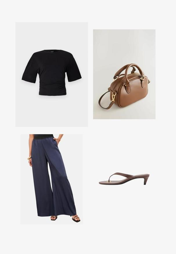 Gina Tricot SOFT TOUCH RUCHED TEE - T-shirts basic - black; Kvinde iført marineblå bredbensebukser med sort elastisk talje, stående med den ene hånd i lommen og sorte åbne sandaler.; Brune hælflip-flop sandal med en slank rem og rund tåpost, der har et lille guldaccent på fodsengen.; Next BOWLER CHARM - Håndtasker - tan brown