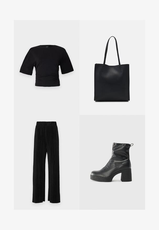 Gina Tricot SOFT TOUCH RUCHED TEE - T-shirts basic - black; Sorte plisserede bukser med elastisk talje. Har brede ben og et glat, tekstureret stof med lodrette striber.; Sorte ankelstøvler lavet af glat læder, med en sidelukning, kraftig struktureret hæl og rundt tådesign.; Sort læder tote taske med glat tekstur, rektangulær form og to lange hanke. Ingen synlig hardware eller udsmykninger.