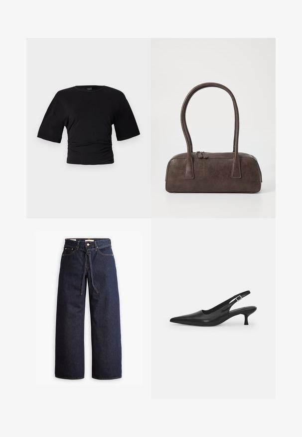 Gina Tricot SOFT TOUCH RUCHED TEE - Základné tričko - black; Široké tmavomodré denimové džínsy s vysokým pásom, so šnúrkou na sťahovanie, piatimi vreckami a kontrastným prešívaním.; Čierne kožené sandále s úzkym špičatým prstom a štíhlym zakriveným podpätkom. Majú diskrétny nastaviteľný popruh s kovovou sponou.; Hnedá kožená kabelka s dvoma pevným uchami, obdĺžnikovým tvarom, hladkým povrchom a zipsovým uzáverom. Minimalistický dizajn bez viditeľných vzorov.