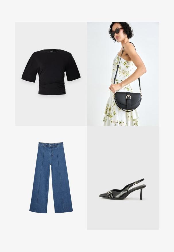 Gina Tricot SOFT TOUCH RUCHED TEE - Navadna majica - black; Jeans širokih nogavic v srednji modri barvi, z visokim pasom, gumbom in kontrastnimi navpičnimi šivi spredaj.; Črne patentne usnjene sandale s koničastim nosom, zankami okoli gležnja s srebrnimi sponkami in opremo ter vitkimi petami.; Črna usnjena torbica s ukrivljeno obliko, z odstranljivo naramnico in zlatimi dodatki. Torbica ima pokrov s podrobnostmi v obliki zaponke.