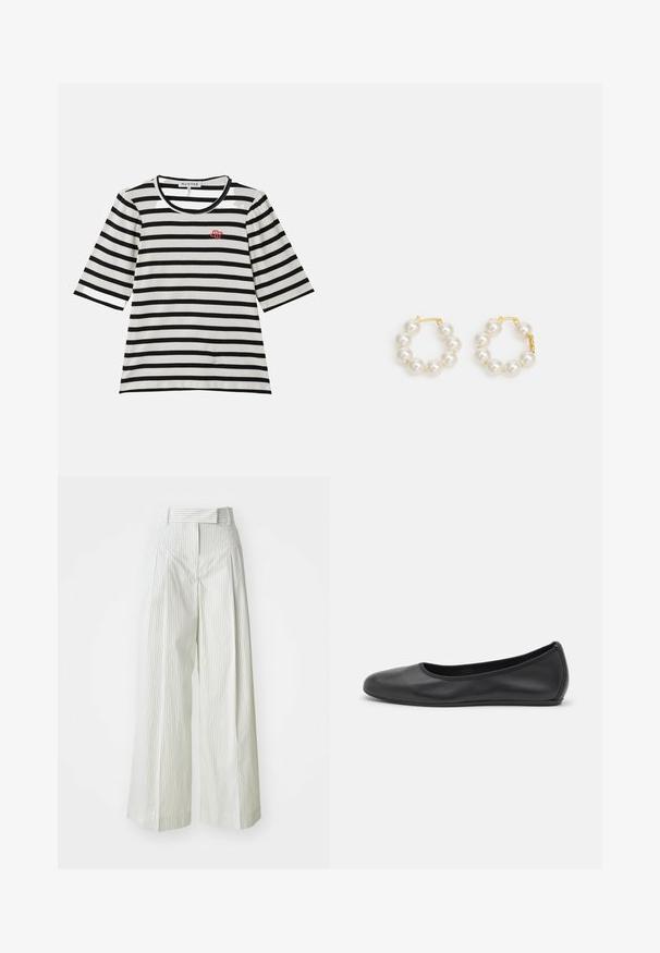 T-shirt às riscas com mangas curtas, apresentando uma textura canelada em preto e branco, decote redondo e um pequeno logótipo vermelho no lado esquerdo do peito.; Calças de perna larga em verde claro com riscas brancas verticais. Apresenta uma cintura alta, passantes para cinto e uma textura suave de algodão.; Bailarina preta em pele com bico arredondado, textura suave, detalhe de costura minimalista e design de sola flexível.; Brincos em argola com pérolas, apresentando um fecho em metal dourado. O design inclui várias pérolas brancas, lisas, na forma circular.
