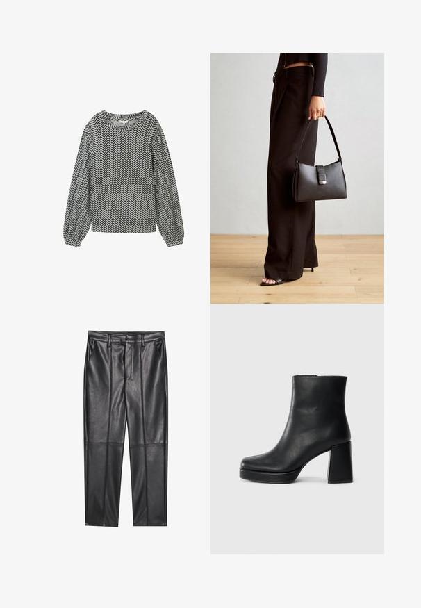 Dlhý rukáv top v čierno-bielej hrubej vzorke, s okrúhlym výstrihom a mierne nariasenými rukávmi so elastickými manžetami.; Čierne kožené nohavice s hladkou textúrou, rovného strihu, s dvoma prednými vreckami a viditeľným švom.; Čierne kožené členkové topánky s blokovým podpätkom a platformovou podrážkou, zobrazené z boku na bielom pozadí.; Čierna kabelka so štruktúrovaným tvarom, hladkou textúrou a kovovou sponou. V kombinácii so širokými čiernymi nohavicami a sandálmi s otvorenou špičkou na drevenej podlahe.