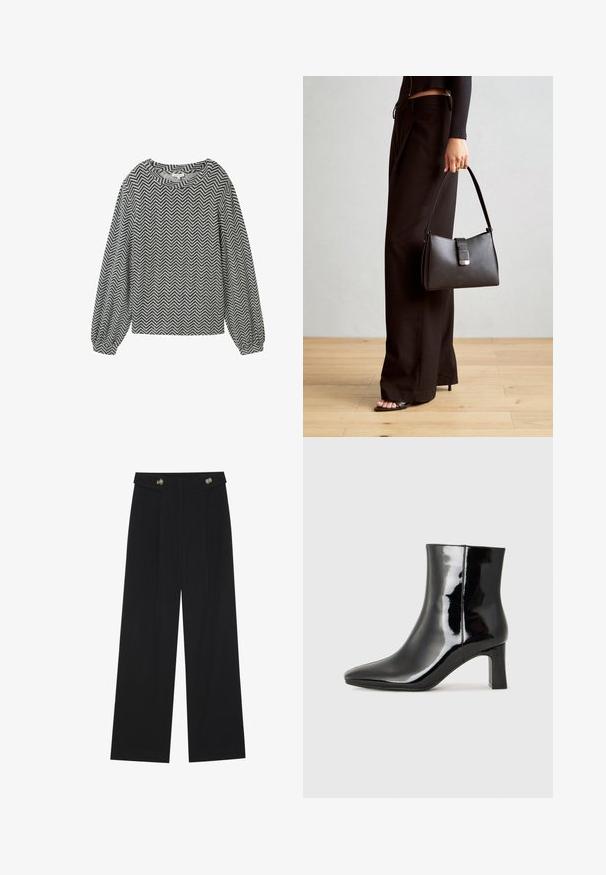 Dlouhý rukáv top s černobílým herringbone vzorem, s kulatým výstřihem a mírně nabranými rukávy se elastickými manžetami.; Černé široké kalhoty s vysokým pasem, detailní knoflíky na pase a přední záhyby.; Černé lakované kotníkové boty s špičatou špičkou a středně vysokým blokovým podpatkem. Hladká textura a minimalistický design.; Černá kabelka se strukturovaným tvarem, hladkým povrchem a kovovým uzávěrem. Kombinována s širokými černými kalhotami a sandály s otevřenou špičkou na dřevěné podlaze.