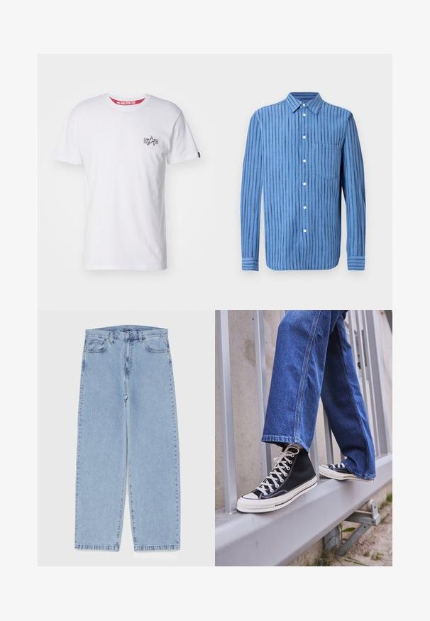 Fehér pamut póló, kis grafikával a bal mellen, kerek nyakkal és rövid ujjal, piros belső címkével.; Kék hosszú ujjú, gombos ing függőleges fekete csíkokkal és elöl egy mellzsebbel, fehér háttéren bemutatva.; Világoskék farmernadrág egyenes szárú kivitelben, közepes derékkal, öt zsebbel, gombos és cipzáros záródással.; Fekete magasszárú sportcipők fehér talppal és fűzővel, laza kék farmernadrággal párosítva, egy szürke korlát tetején pihenve.
