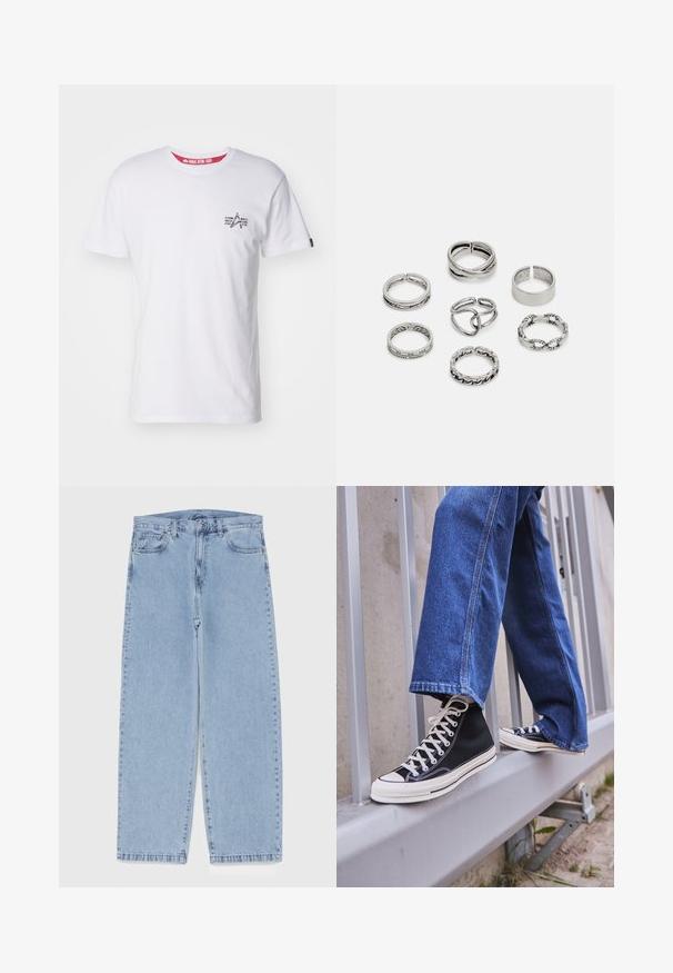 Biała bawełniana koszulka z małym nadrukiem na lewej piersi, okrągłym dekoltem i krótkimi rękawami, z czerwonym detalem wewnętrznej metki.; Jasnoniebieskie dżinsy o prostym kroju nogawki, z średnim stanem, pięcioma kieszeniami oraz zapięciem na guzik i zamek błyskawiczny.; Czarne sneakersy za kostkę z białą podeszwą i sznurówkami, w połączeniu z luźnymi niebieskimi dżinsami, opierające się na szarym balustradzie.; Zestaw siedmiu srebrnych pierścionków o różnych wzorach, w tym skręconych, połączonych i grawerowanych. Różne kształty i szerokości.