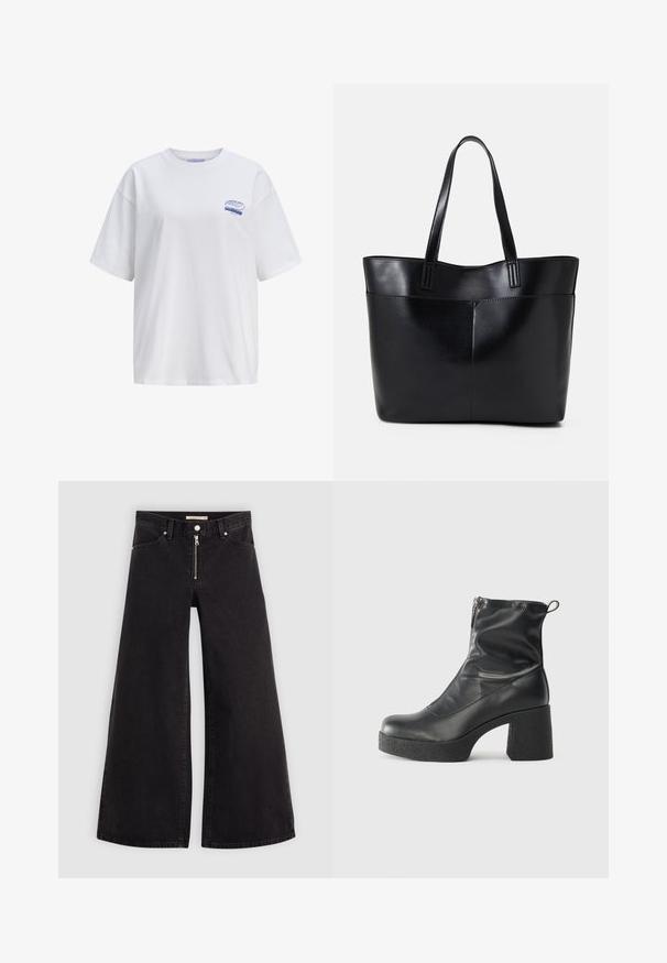 Hvit bomulls t-skjorte med en avslappet passform, med korte ermer. Liten blå "SOURDOUGH" logo på øvre venstre side.; Vide benbukser i sort denim med glidelås i front, fem-lomme design og subtile sømdetaljer. Glatt tekstur og avslappet stil.; Svarte ankelstøvler laget av glatt lær, med glidelås på siden, chunky strukturert hæl, og rund tå-design.; Svart lær toteveske med to lange håndtak, en glatt tekstur og en strukturert form. Har en frontlomme for ekstra oppbevaring.