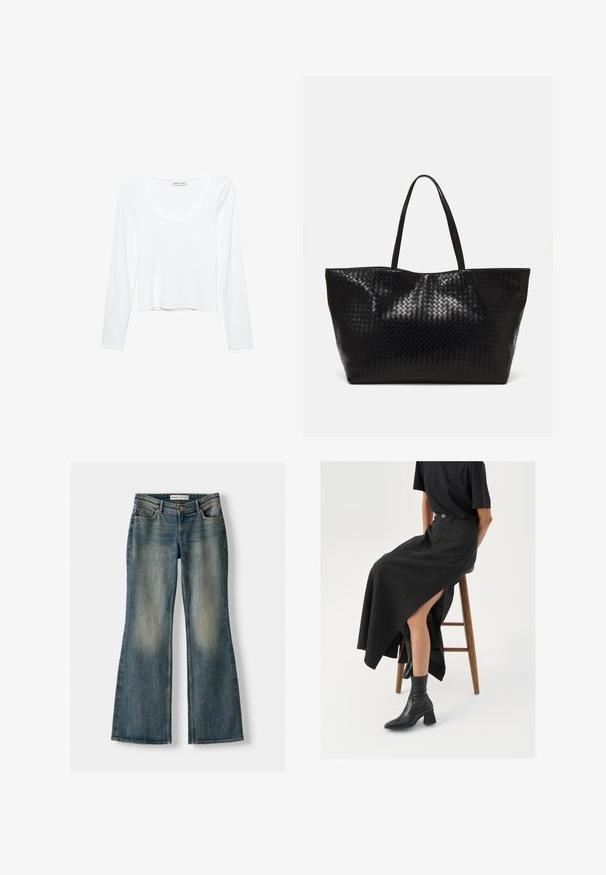 Bílý dlouhý rukáv top vyrobený z měkké tkaniny, s kulatým výstřihem a zkráceným designem bez švů.; Modré zvonové džíny se zesvětleným práním, pěti kapsami a zapínáním na knoflík. Materiál vykazuje denimovou strukturu s jemnými detaily šití.; Černá maxi sukně z lnu s vysokým rozparkem, nošená s černým tričkem a černými kotníkovými botami. Minimalistický design s volným střihem.; Černá tkaná taška přes rameno s dvěma pevným uchy, má lesklou texturu a prostorný otevřený vrch.