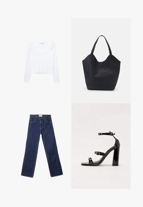 Bijela dugosleeve majica izrađena od mekanog materijala, s okruglim izrezom i skraćenim dizajnom bez šavova.; Tamno plave traperice ravnog kroja sa prednjim džepovima, petljama za pojas i kopčanjem na dugme.; Crne lakirane sandale na pete sa kvadratnim nosom, trakama oko gležnja i srebrnim kopčama. Imaju čvrst blok petu za stabilnost.; Crna torba od glatke kože, s zakrivljenim otvorenim vrhom, dva remena za rame i minimalističkim dizajnom.