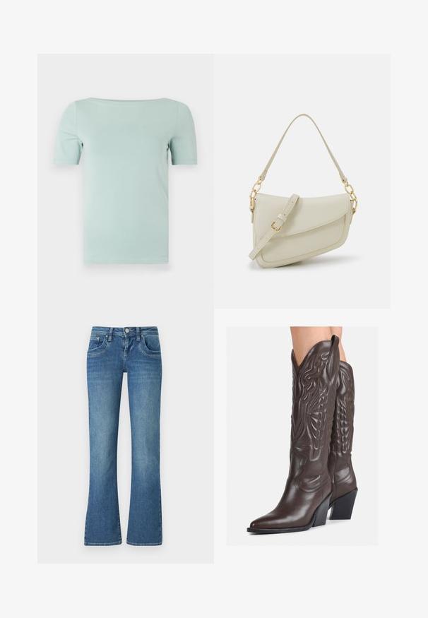 Tricou scurt mint verde, cu manșon scurt și decolteu rotund, realizat dintr-un material neted. Are o croială obișnuită și un design simplu, curat, fără aplicații.; Jeanși evazați de culoare albastru deschis, din denim, cu un design cu cinci buzunare, cusături în contrast și închidere cu nasture la talie.; Bocanci de cowboy din piele maro, cu vârf ascuțit și toc pătrat, având cusături detaliate și accente ridicate pe tijă.; Geantă mică de crem cu un finisaj texturat, curea lungă și ajustabilă, accent cu lanț și închidere cu clapetă. Detalii din hardware aurie.; Cercei din argint cu un design torsadat, având un finisaj lucios și închidere cu tijă. Au un diametru de aproximativ 3 cm.