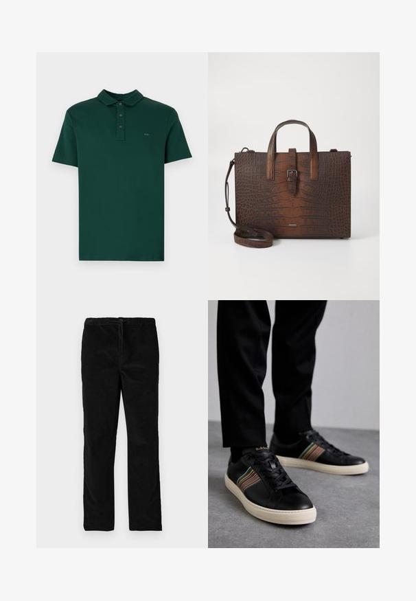 Michael Kors SLEEK NEW - T-shirt - bas - dark emerald; Svarta raka sammetbyxor med elastisk midja och framtida dragsko, uppvisade mot en enkel vit bakgrund.; Svart lädersneakers med flerfärgade randiga detaljer, rund tå och vita gummisulor, som har snörningsdesign och ultragruvade logotyp.; Brun kloakdjursprents läderhandväska med topphandtag och en avtagbar axelrem. Har en spänne stängning och rektangulär form.