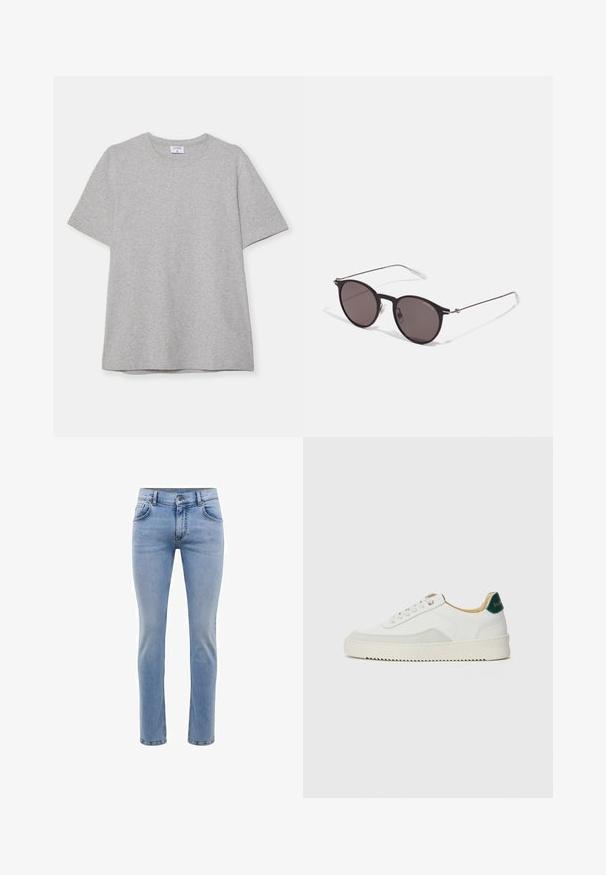 Gray short-sleeve T-shirt made from soft, textured fabric. Features a classic crew neck and a straight hem, suitable for casual wear.; Light blue denim jeans with a slim fit, five pockets, and a straight leg design. Features a zipper fly and belt loops. Soft texture.; White sneaker with suede accents, rounded toe, flat laces, and a cream rubber sole. Features green branding on the heel.; Black round sunglasses with dark lenses and slim metal arms. Includes clear temple tips and silver accents at the hinge. Minimalist design.