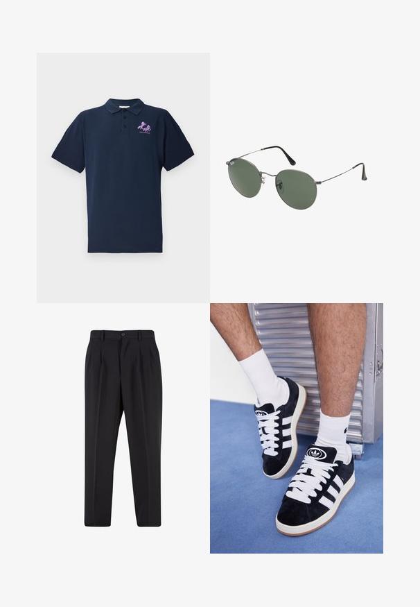 Mørkeblå polo skjorte lavet af bomuld, med et lyserødt broderet logo af en hest. Kortsleeve og en klassisk krave.; Sorte bukser med plisseret frontdesign, lavet af glat stof. Har knaplukning og bæltestropper; lige pasform.; Sorte ruskinds sneakers med hvide snørebånd og tre hvide striber. Har et rundt sort logo på tungen og en gummigummisål.; Metalrammede solbriller med ovale grønne linser. Tynd sølvmetalramme og sorte ørepropper. Minimalistisk design, ingen synlige logoer.