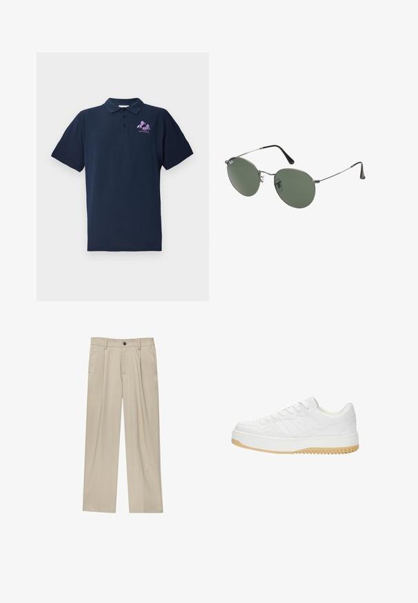 Marineblaue Polo-Shirt aus Baumwolle mit einem pinken, gestickten Pferdelogo. Kurzärmeliger Schnitt und klassischer Kragen.; Beige Hosen mit geradem Schnitt, ausgestattet mit einem einzelnen schwarzen Knopf, Gürtelschlaufen und Seitentaschen. Glatte Stofftextur und minimalistisches Design.; Weiße Ledersneaker mit strukturiertem Finish, ausgestattet mit Gummisohle, Schnürdesign und dezenten Streifenakzenten an den Seiten.; Metallgestellte Sonnenbrille mit ovalen grünen Gläsern. Dünner silberner Metallrahmen und schwarze Ohrstücke. Minimalistisches Design, keine sichtbaren Logos.