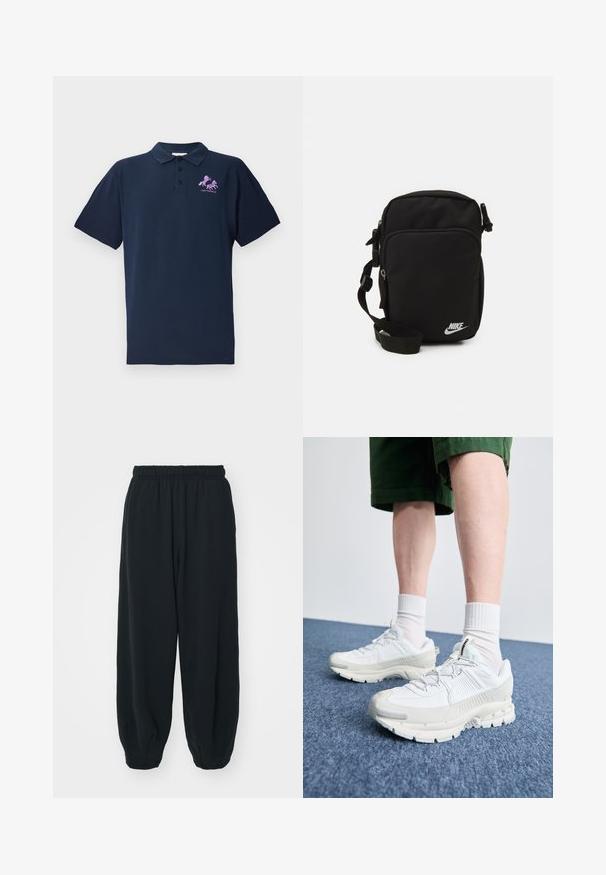 Tumši zila polo krekls, kas izgatavots no kokvilnas, ar rozā izšūtu zirglogo. Īsas piedurknes un klasiskā apkakles dizains.; Melnas sporta bikses ar elastīgu jostasvietu, brīvu piegriezumu, aprocēm ap potītēm, gludu tekstūru, un bez redzamām rakstu vai aparatūras akcentiem.; Baltas sporta apavi ar teksturētām detaļām, masīvu zoli un pelēkiem akcentiem. Valkāti ar baltiem zeķu pēdu apģērbiem un zaļām šortiem uz zilas virsmas.; Melns neilona crossbody soma ar regulējamu siksnu, ar rāvējslēdzējiem nodalījumiem un baltu Nike logo priekšpusē. Gluda tekstūra, taisnstūra forma.