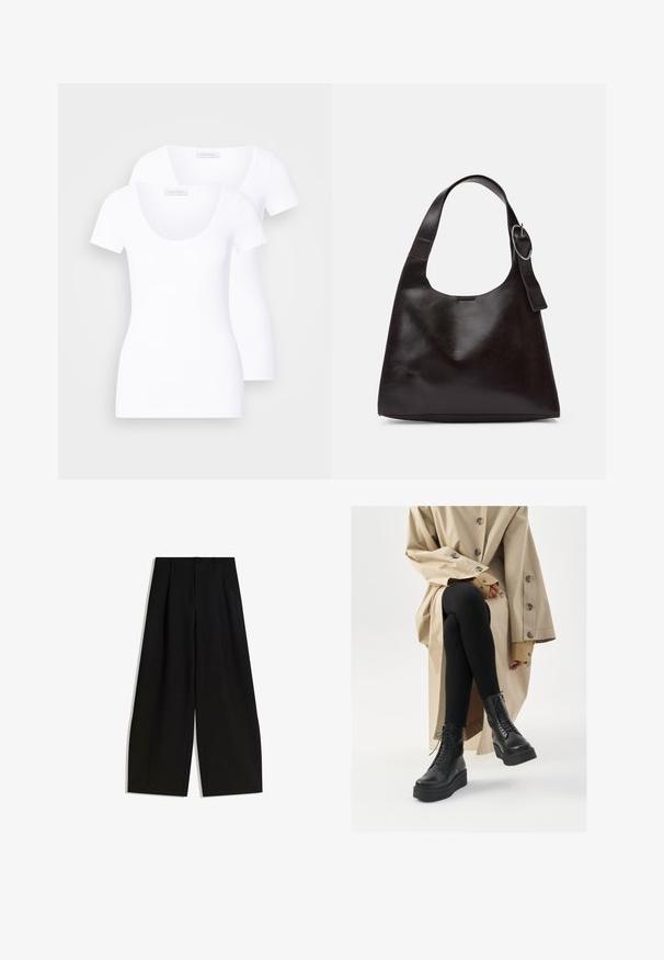 Dwa białe t-shirty z krótkim rękawem o okrągłym dekolcie, wykonane z gładkiego materiału, mające dopasowany krój i bez widocznych wzorów czy akcentów.; Czarne spodnie szerokie z gładkiego materiału, z wysokim stanem, plisami z przodu i bez widocznych ozdób czy wzorów.; Czarne skórzane botki za kostkę z detalami sznurowania, podwyższeniem w podeszwie oraz fakturowanymi czarnymi legginsami, noszone z jasnobeżowym trenczem.; Brązowa skórzana torba na ramię o gładkiej teksturze, zaokrąglonym kształcie, szerokim pasku i okrąłym metalowym akcentem na uchwycie.