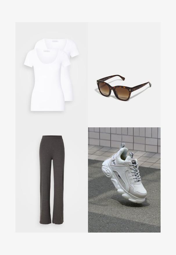 Két fehér, rövid ujjú póló, kerek nyakkivágással, sima anyagból készült, testhezálló fazonnal, látható minták vagy díszítések nélkül.; Szürke, bordázott kötött nadrág széles szárral és gumis derékkal. Az anyag textúrált megjelenésű, laza illeszkedést biztosít.; Fehér sneaker, hálós és bőr anyagokból, kerek orral, vastag talppal, feltűnő fűzőkkel és logóval a sarokon és a nyelven.;  Teknősbura mintázatú négyzet alakú napszemüveg fokozatos barna lencsékkel, arany díszítéssel a szárakon és vastag, fényes kerettel.