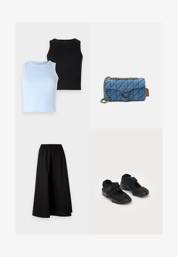 Két ujjatlan felső: az egyik világoskék, a másik fekete. Mindkettő bordázott anyagból készült, kerek nyakkivágással. A dizájn testhez simuló, látható minták vagy díszítések nélkül.; Fekete, térd hosszúságú szoknya könnyű anyagból, rugalmas derekú és laza, A vonalú sziluettel. Nincsenek látható minták.; Fekete vízicipők rugalmas anyagból, tépőzárral, egyedülálló osztott orrdesignnal és texturált gumitalppal a tapadás érdekében.; Kék steppelt farmer választható táska, arany lánc vállpánttal és egy kiemelkedő arany logóval az elején. Kompakt, téglalap alakú.