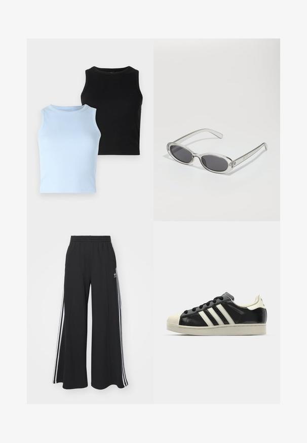 Dos camisetas sin mangas: una de color azul claro y otra negra. Ambas son de tela acanalada con un escote redondo. El diseño es ajustado, sin patrones ni acentos visibles.; Pantalones de chándal negros de pierna ancha con una cinturilla elástica, que presentan franjas blancas a los lados y un logo bordado en el muslo izquierdo.; Zapatilla de cuero negro con rayas blancas, puntera de goma, cordones negros y suela color crema. Textura suave con acabado brillante.; Gafas de sol con forma ovalada, montura de plástico transparente, lentes gris oscuro y patillas delgadas y transparentes con acentos de logotipo y un diseño minimalista.