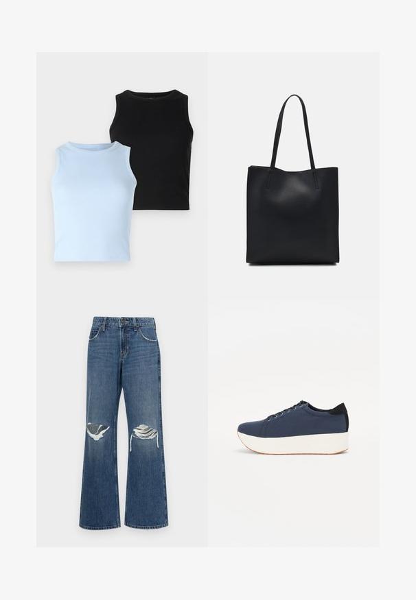 Dwie bezrękawniki: jeden jasnoniebieski, drugi czarny. Oba wykonane są z prążkowanej tkaniny, z okrągłym dekoltem. Krój jest dopasowany, bez widocznych wzorów czy akcentów.; Dżinsy w stylu wide-leg w średnim niebieskim kolorze, z przetarciami na kolanach, surowymi brzegami dół i klasycznym pięciokońcowym designem z metalowym zapięciem.; Granatowe trampki z teksturowanej tkaniny, biała platforma, okrągły nosek i czarny akcent na pięcie. Posiadają sześć oczek na sznurówki.; Czarna skórzana torba tote o gładkiej fakturze, prostokątnym kształcie i dwóch długich uchwytach. Brak widocznych elementów metalowych i ozdób.