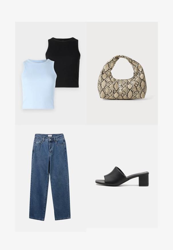 Two sleeveless tops: one light blue, one black. Both are ribbed fabric with a round neckline. The design is fitted, with no visible patterns or accents.; Classic blue denim jeans with a straight-leg design, five pockets, and a button closure. Features a medium wash and sturdy texture.; Black leather block-heeled mules with an open toe, featuring a smooth surface and slightly curved upper for comfort and style.; Snake-print handbag with a curved handle. Made from textured, beige and brown materials, featuring a distinctive diamond pattern.