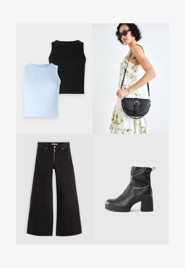 Duas blusas sem mangas: uma azul clara e uma preta. Ambas são de tecido canelado com decote redondo. O design é justo, sem padrões ou detalhes visíveis.; Calças de ganga de perna larga em denim preto com fecho éclair à frente, design de cinco bolsos e detalhes de costura subtil. Textura suave e estilo casual.; Botas de tornozelo pretas feitas de couro liso, com fecho lateral, salto grosso texturizado e design de bico arredondado.; Bolsa de couro preta com forma curva, alça destacável e detalhes em dourado. A bolsa possui uma aba com detalhe de fivela.