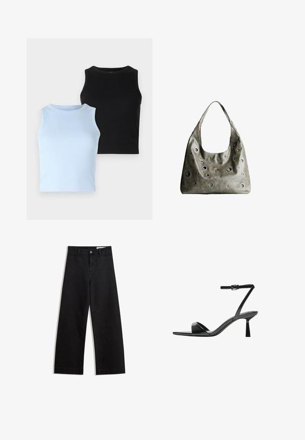 Twee mouwloze tops: één lichtblauw, één zwart. Beide zijn van ribstof met een ronde hals. Het ontwerp is aansluitend, zonder zichtbare patronen of accenten.; Zwarte denim broek met wijde pijpen en een hoge taille, voorzien van voor- en achterzakken, gestikte naden en een knoopsluiting. Gladde textuur.; Bershka Sandalen met hoge hak - black; Olijfgroene leren handtas met een slungelig ontwerp, voorzien van rondvormige uitsparingen van verschillende groottes en accenten in donkerdere en lichtere tinten.