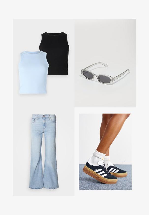 Duas blusas sem mangas: uma azul clara e uma preta. Ambas são de tecido canelado com decote redondo. O design é justo, sem padrões ou detalhes visíveis.; Jeans azul claro com corte flare, apresentando cintura alta, tecido de ganga, cinco bolsos e fecho de botão. As pernas são largas e têm um acabamento ligeiramente desbotado.; Ténis de camurça preta com riscas e detalhes brancos, biqueira arredondada, sola em borracha cor de goma, combinados com meias brancas caneladas até à altura do tornozelo.; Óculos de sol com formato oval, armação de plástico transparente, lentes cinza-escuro e hastes finas transparentes com detalhes do logótipo e um design minimalista.