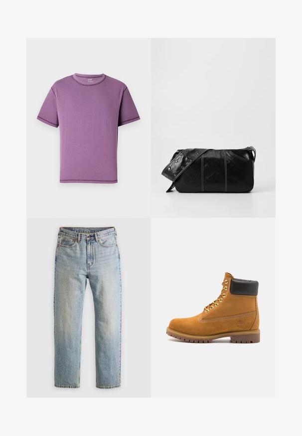 Vijolična kratkotrajna majica iz mehke bombažne tkanine, z okroglo izrezom in kontrastnim šivanjem ob šivih.; Svetlo modri džins hlače z visokim pasom, sprednjim gumbom, zadrgo in petimi žepi, laid flat na nevtralni podlagi.; Svetlo rjave anklne čizme iz semiša z črnim oblazinjenim ovratnikom, zlatimi kovinskimi očesci, belimi šivi in robustnim gumijastim podplatom s izrazitimi tredi.; Črna usnjena torba za ramo z zadrgo, ki ima teksturirano telo, belo šivanje in trak s srebrnimi luknjami.