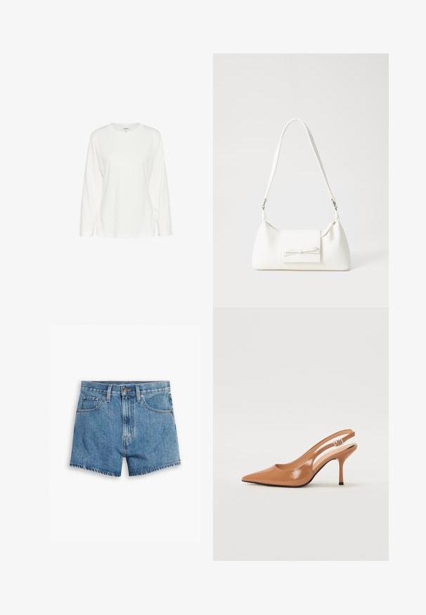 Pikad varrukad valgest T-särgist, mis on valmistatud pehmest puuvillast. Omab ümmargust kaelust ja mugavat lõiget, sirge alläärega ning ilma nähtavate mustriteta.; Heledad teksapüksid helesinisena, millel on viis taskut, tõmblukk ja nööpkinnitus. Varrukad on lõdvenenud ja servad on kulunud.; Küüntega slingback konts, mis on valmistatud siledast ja läikivast tan värvi materjalist. Omab kaarjat lõigatud disaini ja õhukest stiletto kontsa. Hõbedane pandla detail.; Valge sünteetilisest materjalist kott kolmnurkse kujuga, lame esiklapiga ja kaaredetailiga, reguleeritava rihmaga, sileda tekstuuriga ja minimalistliku disainiga.