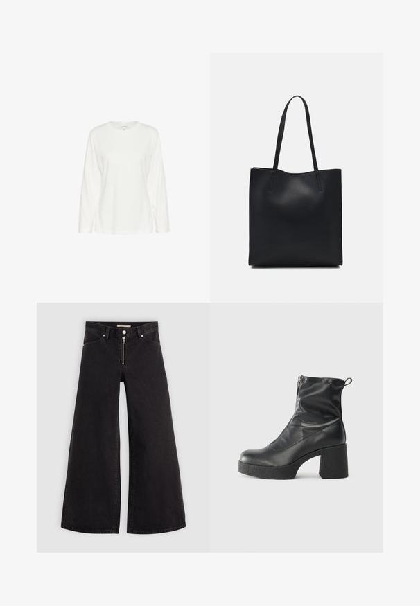 Langärmliges weißes T-Shirt aus weichem Baumwollmaterial. Es hat einen runden Halsauschnitt und eine lockere Passform, mit einem geraden Saum und ohne sichtbare Muster.; Schwarze Denim-Jeans mit weitem Bein, Reißverschluss vorne, Fünf-Taschen-Design und dezenten Stickdetails. Glatte Textur und lässiger Stil.; Schwarze Stiefeletten aus glattem Leder mit seitlichem Reißverschluss, klobigem strukturiertem Absatz und runder Zehenform.; Schwarze Laptoptasche aus Leder mit glatter Textur, rechteckiger Form und zwei langen Griffen. Keine sichtbaren Beschläge oder Verzierungen.