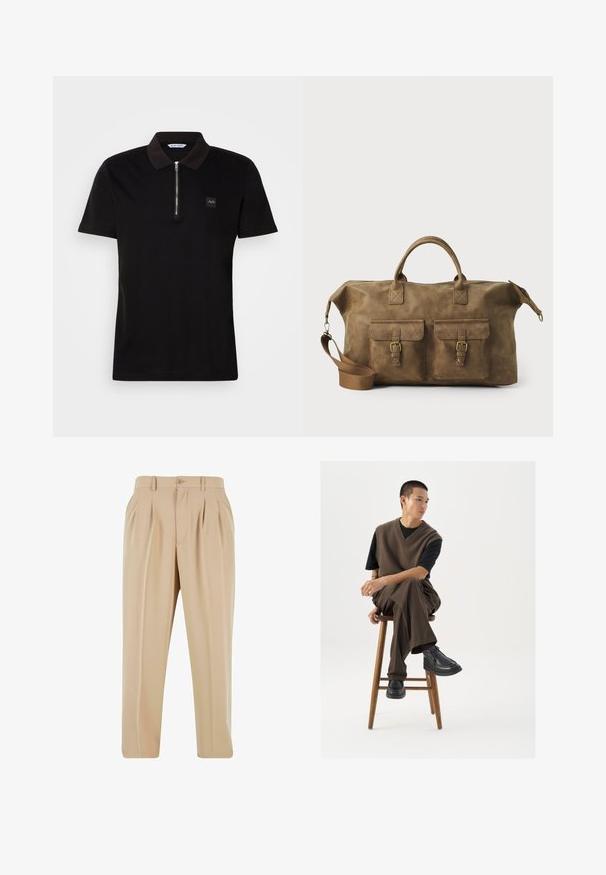 Polo nero con colletto a zip corta, tessuto di cotone, piccolo logo ricamato sul petto e maniche corte.; Pantaloni beige a pieghe con design a gamba dritta, realizzati in tessuto liscio, con chiusura a bottone e passanti per cintura in vita.; Gilet marrone a maglia sopra una t-shirt nera, abbinato a pantaloni larghi marroni e scarpe chunky nere, seduto su uno sgabello di legno.; Borsa da viaggio in pelle marrone con due tasche frontali, tracolla regolabile, hardware dorato e manici superiori robusti. Texture liscia.