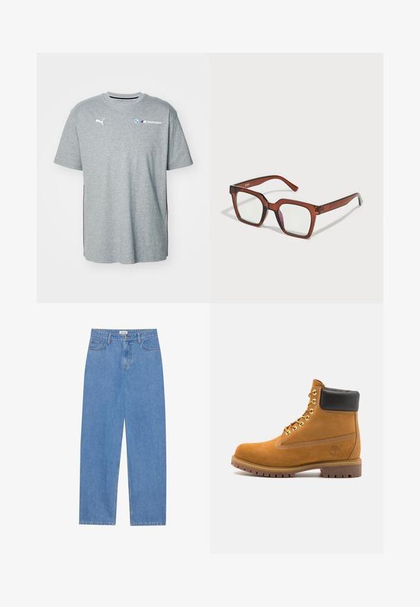 Harmaa puuvillapaita, jossa on lyhyet hihat, pyöreä pääntie, valkoisilla ja sinisillä painetulla logolla, sekä huomaamattomia punaisia yksityiskohtia sivuilla.; Vaaleansiniset farkut suoranleikkauksella, viisi taskua, yksittäinen nappisulku ja huomaamattomat ompeluyksityiskohdat saumoissa.; Valkoinen nahkainen nilkkuri mustalla pehmustetulla kauluksella, kultaisilla metallisilla rei'illä, valkoisella ompeluksella ja jykevällä kumipohjalla, jossa on selvästi näkyvät urat.; Ruske ylihinnaiset suorakulmaiset silmälasit, joissa on kirkkaat linssit ja oikeassa linssissä on vähäinen vaaleanpunainen sävy. Muovinen kehys, jossa on sileä pinta.