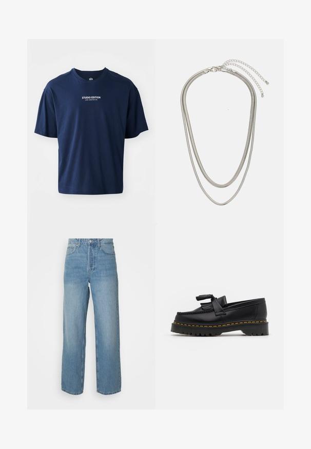 Navy blue short-sleeve T-shirt made of cotton, featuring a round neckline and white text reading "STUDIO EDITION" on the front.; High-waisted light blue denim jeans with straight legs, front button closure, and five-pocket styling on plain background.; Black leather loafer with a tasseled accent, featuring a chunky black sole and yellow stitching along the edge. Textured finish.; Three-layered silver metal necklace featuring sleek, flexible chains with a slight sheen, secured with a lobster clasp and adjustable chain.