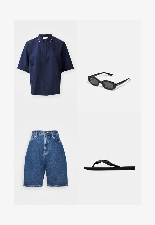 Tengerészkék, rövid ujjú pólóing gombos záródással, kontrasztos gallér piros és fehér díszítéssel, valamint perforált oldalsó panelek a légáteresztő képesség érdekében.; Sötétkék, magas derékú farmer rövidnadrág. Klasszikus öt zsebes stílus, egyenes szabás és felhajtott szegély jellemzi. Pamut anyag.; Fekete gumipapucs, textúrált pánttal és egyszerű lapos talppal, oldalnézetből, világos háttér előtt.; Fekete napszemüveg ovális lencsékkel, fényes műanyag kerettel és karcsú szárakkal. A Ray-Ban logó fehér színben látható az oldalon.