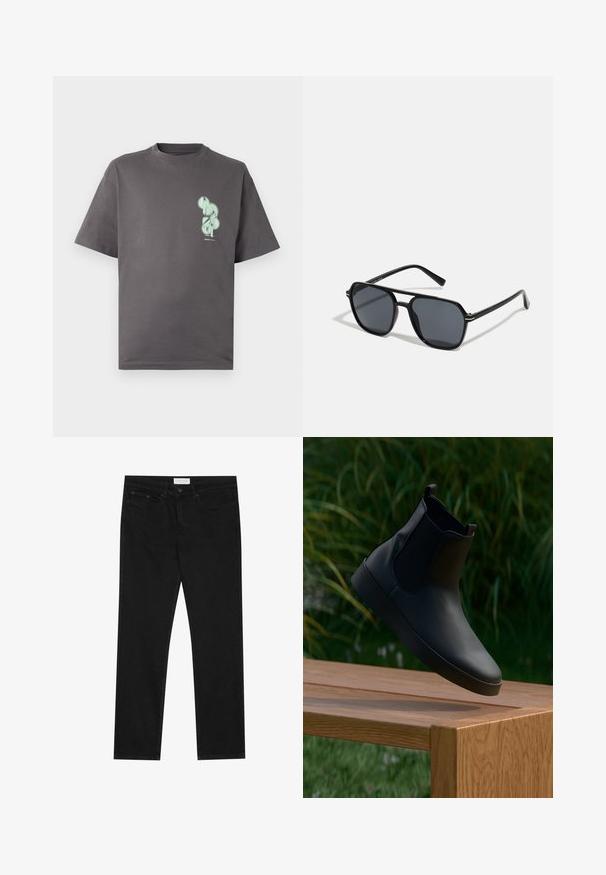 Grijze katoenen T-shirt met een ronde hals, korte mouwen, met een mintgroen grafisch ontwerp op de linkerborst.; Zwarte straight-leg jeans met een vijf-pocket ontwerp, knoop- en ritssluiting, en een Pier One merklabel op de tailleband.; Zwarte leren enkelboot met elastische zijpanelen, gladde textuur, ronde neus en platte zool, geplaatst boven een houten tafel tegen een groene achtergrond.; Zwarte zonnebril met een octagonaal frame, donkere lenzen, glanzende afwerking, dunne tempels en gouden accenten aan de voorkant.