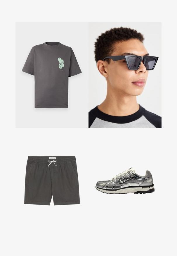 Camiseta de algodão cinza com gola redonda, mangas curtas, apresentando um design gráfico verde menta na área esquerda do peito.; Calções de banho cinzentos feitos de tecido suave, com um cós elástico e um cordão branco, costuras detalhadas e bolsos laterais.; Sapatilha atlética prateada e preta com parte superior em malha e sintético, design volumoso e acabamento texturizado. Apresenta um colarinho acolchoado e sola de borracha.; Óculos de sol angulares pretos com lentes escuras, apresentando um design geométrico arrojado e um acabamento mate. Usados por uma pessoa com cabelo curto.