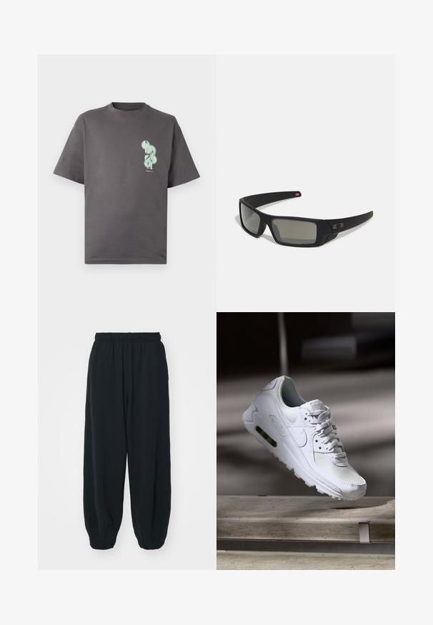 Grijze katoenen T-shirt met een ronde hals, korte mouwen, met een mintgroen grafisch ontwerp op de linkerborst.; Zwarte, elastiche sweatpants met een losse pasvorm, manchetten aan de enkels, een zachte textuur en zonder zichtbare patronen of hardwareaccenten.; Witte Nike Air Max 90 sneaker met een bovenwerk van mesh en leer, een geperforeerde teenbox en een zichtbare luchtunit in de hiel.; Zwarte zonnebril met een matte afwerking, rechthoekige glazen, een lichte kromming op de slapen, subtiele logodetails en rookgetinte glazen.