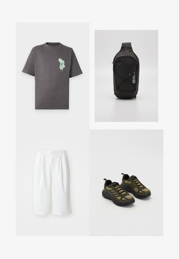 Szara bawełniana koszulka z okrągłym dekoltem i krótkimi rękawami, z miętowozieloną grafiką na lewej piersi.; Białe szorty z elastycznym paskiem i sznurkiem, prezentowane na jednolitym jasnym tle. Odpowiednie do noszenia w casualowych stylizacjach lub w ciepłe dni.; Zielono-czarne buty sportowe z teksturowaną cholewką, siateczkowymi panelami, solidną podeszwą i sznurowanym zapięciem z wzmocnionym noskiem i piętą.; Czarny plecak o smukłym wzornictwie, wykonany z wytrzymałego materiału. Posiada zapinaną na zamek komorę, akcenty z elastycznego sznura oraz szczegóły logo.
