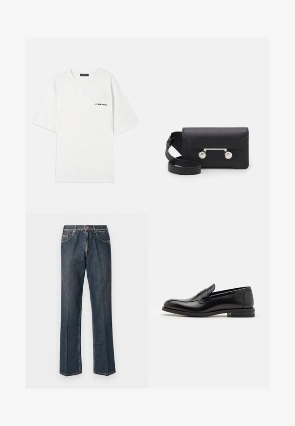 White short-sleeve t-shirt made of cotton. Features a crew neckline and black "LES BENJAMINS" text on the left chest. Smooth texture.; Dark blue straight-leg denim jeans with front button, zip fly, double front pockets, and visible vertical creases down the legs.; Black leather loafers with a smooth texture, rounded toe, and a decorative strap across the vamp. Low stacked heel, minimalist design.; Black leather crossbody bag with a flap closure, silver-tone hardware, and two round accents. Features a detachable strap. Smooth texture.