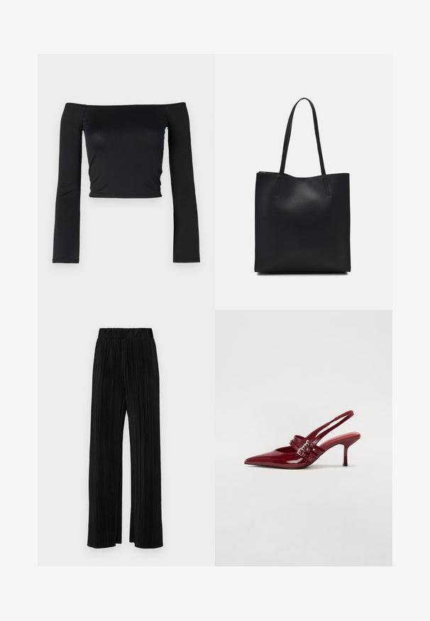 Must have mustriga lühike topp pikkade, sobivate varrukatega ja õlavarrelt avatud kaelusega, valmistatud pehmest ja siledast kangast. Lihtne ja keha lähedane disain.; Mustad pleekitud püksid elastse vöökohtaga. Omavad laiad jalad ja sujuvat, tekstureeritud kangast vertikaalsete triipudega.; Punased lakknahast slingback kontsad, millel on terav varvas, kaks luku rihma ja saledat, keskmise kõrgusega stiletto kontsad. Sile tekstuur.; Mustast nahast kott sujuva tekstuuriga, ristkülikukujuline ja kahe pika sangaga. Pole nähtavat riistvara ega kaunistusi.