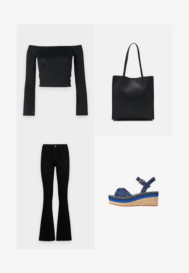 Zwarte cropped top met lange, aangesloten mouwen en een off-the-shoulder halslijn, gemaakt van zachte, gladde stof. Eenvoudig en aansluitend ontwerp.; Zwarte hoge taille jeans met een knoop- en ritssluiting, voorzakken en een flared pijp, plat gelegd op een witte achtergrond.; Blauwe en marineblauwe geweven wedgesandalen met een gevlochten bovenkant, verstelbare enkelriem en een basis in natuurlijke touwstijl. Getextureerd met contrasterende strepen.; Zwarte leren handtas met een gladde textuur, rechthoekige vorm en twee lange handvaten. Geen zichtbare hardware of versieringen.