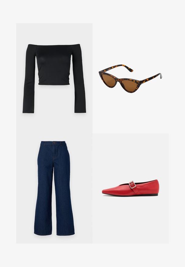 Mustapaita, jossa on pitkät, tiukat hihat ja olkapäiltä avoin kaula-aukko, valmistettu pehmeästä ja sileästä kankaasta. Yksinkertainen ja vartaloa myötäilevä muotoilu.; Tummansinisiä leveälahkeisia farkkuja, joissa on korkea vyötärö, etupainike ja huomaamattomia ompeleita. Tasainen pinta ilman kuvioita.; Punainen nahkainen tasapohjainen kenkä, jossa on terävä kärki, sivuhihna metalli soljella ja matala musta korko. Tasainen pintakäsittely.; Kattöga solglasögon med en svart och orange sköldpaddsmönstrad båge, bruna linser och slanka, spetsiga spetsar. Har en minimal logotyp på skalmen.; Even&Odd Käsilaukku - off-white; Hopehope hopeilla, joissa on minimalistinen muotoilu. Pyöreä muoto, sileä pinta ja ohut profiili. Kevyet ja kiillotetut.