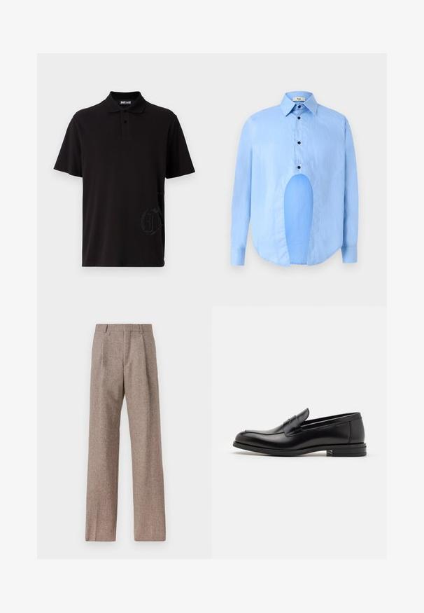 Musta polo-paita, joka on valmistettu puuvillasta, sisältää kaksinappisen kauluksen, lyhyet hihat ja tekstuurisen logodetaljin mustana vasemmassa alakulmassa.; Vaaleansininen pitkähiha shirtti, jossa on terävä kaulus, mustat napit ja ainutlaatuinen aukko edessä erottuvan muotoilun vuoksi.; Ruskejat, korkeavyötäröiset housut, jotka on valmistettu teksturoidusta kankaasta. Ominaisuuksina ovat leveät lahkeet ja kaksi etupuolelle ommeltua laskosta rakenteen tukemiseksi. Siisti viimeistely ilman näkyvää metalliosaa.; Mustat nahkakengät, joissa on sileä pinta, pyöreä kärki ja koristeellinen nauha jalkapöydän yli. Matala pinoitu koroke, minimalistinen muotoilu.