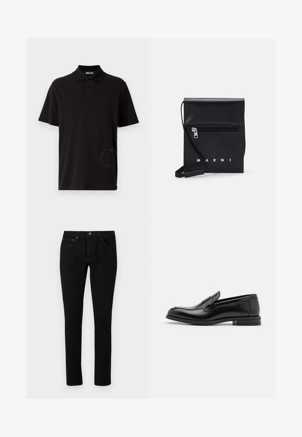 Polo negro hecho de algodón, con un cierre de dos botones, mangas cortas y un detalle de logotipo texturizado en negro en la parte inferior izquierda.; Vaqueros de denim negro con ajuste slim, que cuentan con una cinturilla estándar, cinco bolsillos y acentos de metal. Textura suave y ligeramente elástica.; Mocasines de cuero negro con una textura suave, puntera redondeada y una tira decorativa en el empeine. Tacón bajo apilado, diseño minimalista.; Bolso de hombro de cuero negro con un bolsillo frontal con cremallera, logo en relieve y correa ajustable. Textura suave con una forma estructurada.