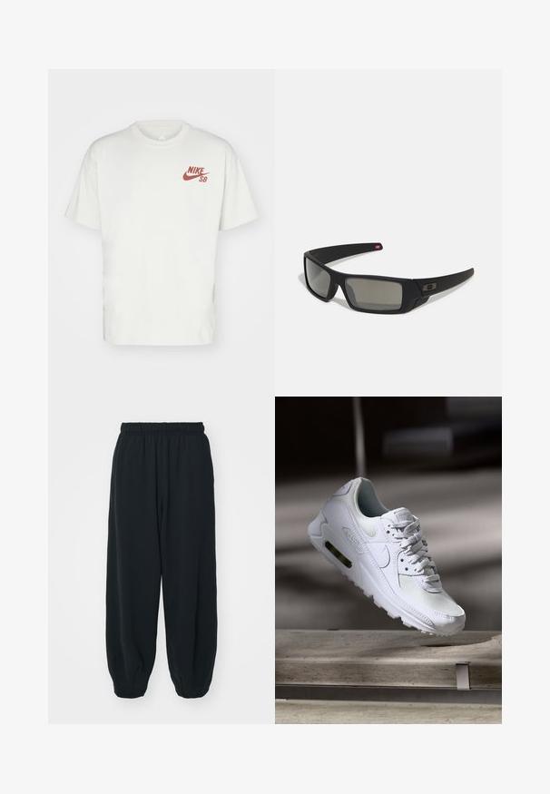 Camiseta branca de algodão com decote redondo, mangas curtas e o logótipo vermelho da Nike SB no lado esquerdo do peito. Design simples e sem adornos.; Calças de fato de treino pretas, com cintura elástica e um corte solto, com punhos nas pernas, textura suave e sem padrões visíveis ou detalhes de metal.; Sapatilha Nike Air Max 90 branca com parte superior em malha e couro, caixa de dedos perfurada e uma unidade de ar visível no calcanhar.; Óculos de sol pretos com acabamento mate, lentes retangulares, leve curvatura nas hastes, detalhe sutil do logo e lentes de cor fumada.