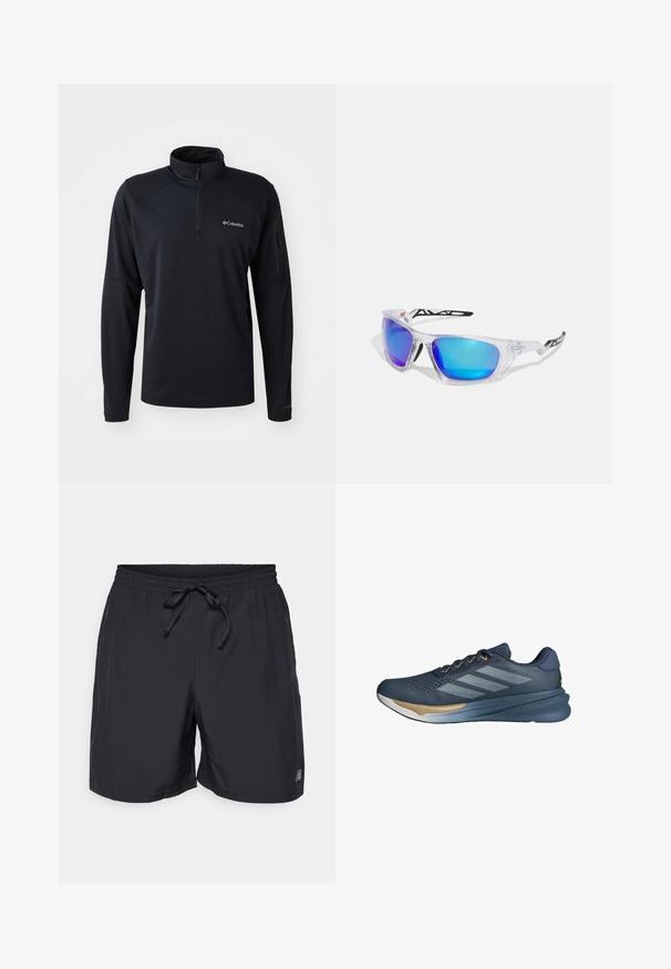 Schwarzer Pullover mit halbem Reißverschluss, hergestellt aus weichem, dehnbarem Stoff. Verfügt über Raglanärmel, eine Reißverschlusstasche am linken Arm und Logodetails.; Schwarze Shorts mit elastischem Bund, verstellbarem Kordelzug und kleinem reflektierenden Logo am linken Bein.; adidas Performance SUPERNOVA STRIDE 2 - Laufschuh Straße - preloved ink   cloud white   dark blue; Sportsonnenbrille mit transparentem Rahmen, blau-lila verspiegeltem Glas, kantigem Design und schwarzen Akzenten an den Bügeln.