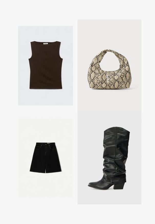 Brauner ärmelloser Top aus einem dehnbaren Stoff. Hat einen runden Ausschnitt und ein figurbetontes Design mit sauberen Kanten. Das Etikett trägt die Aufschrift "WEEKDAY."; Beige Strick-Tanktops mit offenem Maschenbild. Verfügt über gewellte Kanten, ein in den Stoff eingestricktes Blumendesign und ärmellosen Schnitt.; Schwarze Denim-Shorts mit lockerer Passform, ausgestattet mit fünf Taschen, gelben Nähakzenten und einem mittelhohen Bunddesign.; Schwarze Lederstiefel bis zum Knie mit einem rüschigen Design, spitzem Zehenbereich und breitem Absatz, mit glatter Texture und minimaler Naht.; Schlangenmuster-Tasche mit einem gebogenen Griff. Hergestellt aus strukturierten, beige- und braunfarbenen Materialien, die ein markantes Diamantmuster aufweisen.