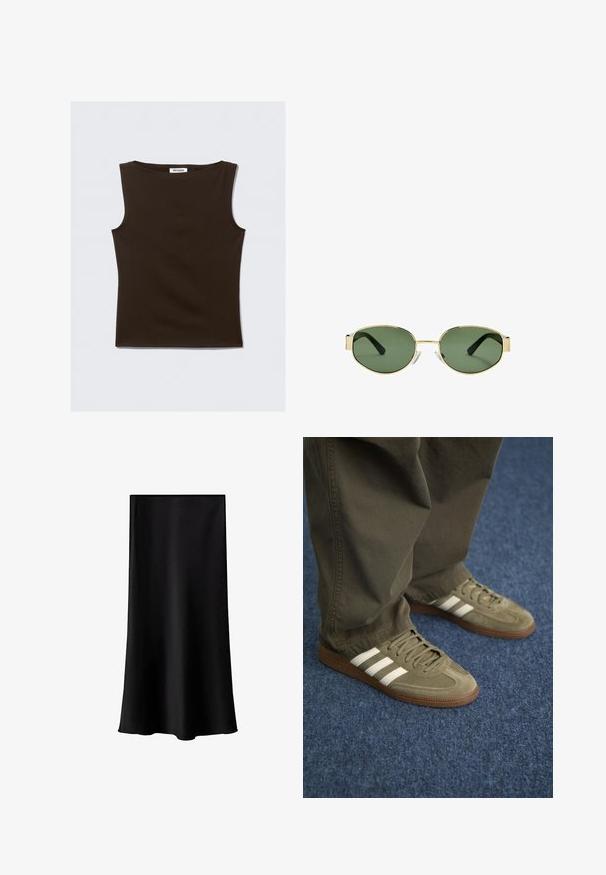 Hnedý bezrukávový top vyrobený z elastickej látky. Má okrúhly výstrih a priliehavý strih s čistými okrajmi. Štítok znie "WEEKDAY."; Čierna midi sukňa vyrobená z hladkého, ľahkého materiálu. Má rovný strih, žiadne viditeľné kovanie a jednoduchý dizajn bez vzorov.; Zelené semišové tenisky s tromi bielymi pruhmi, hnedou gumovou podrážkou a štruktúrovanými šnúrkami, skombinované s olivovými nohavicami na modrom koberci.; Slnko zlatohnedých kovových rámových okuliarov s zelenými tónovanými sklami, oválnym tvarom, čiernymi stranami a priehľadnými nosnými podložkami. Čistý, minimalistický dizajn.; Olivovo zelená taška so širokými uchami, hladký povrch a kovový logotyp. Zaoblený tvar so bočnými panelmi; v kombinácii s modrými nohavicami.