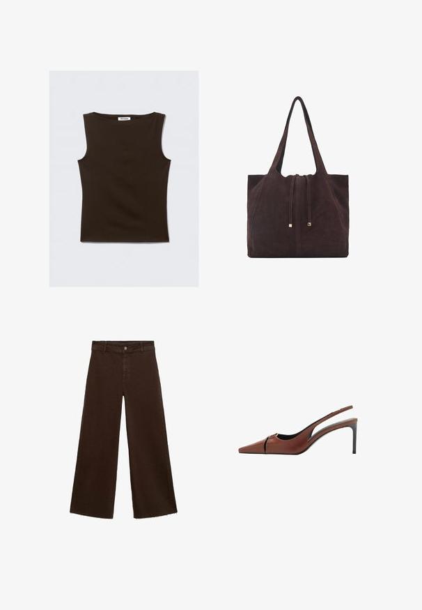 Brown sleeveless top made from a stretchy fabric. Features a round neckline and a fitted design with clean edges. Label reads "WEEKDAY."; Brown wide-leg trousers in cotton blend, featuring a frayed hem, front button closure, and classic five-pocket design. Minimalistic and versatile.; Brown leather slingback heel with a pointed toe, cutout detail at the vamp, and a sleek stiletto heel. Smooth texture.; Mango Tote bag - dark brown