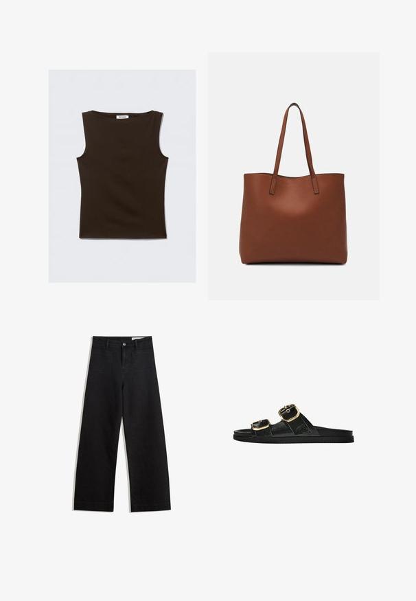 Rjava brezrokavna majica, narejena iz raztegljive tkanine. Ima okroglo izreznico in oprijet kroj s čistimi robovi. Na etiketi piše "WEEKDAY."; Črne široke denim hlače z visokim pasom, ki imajo sprednje in zadnje žepe, šivane šive ter gumbasto zapiranje. Gladka tekstura.; Črne drsne sandale z dvema zlatima zaponkama, gladkega materiala, ravnim podplatom in minimalističnim dizajnom.; Rjava usnjena torba z gladko teksturo, odprto zasnovo zgoraj in dvema naramnima trakovoma. Opremljena je z minimalnim šivanjem in brez vidnih kovinskih delov.